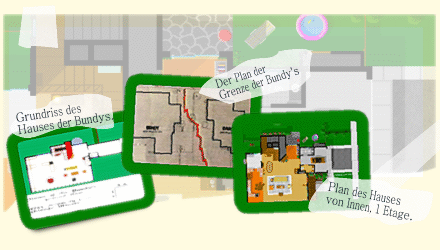 Image Map mit 3 Fotos. Lageplan, Grundri des Hauses und Lageplan der Grenze der Huser